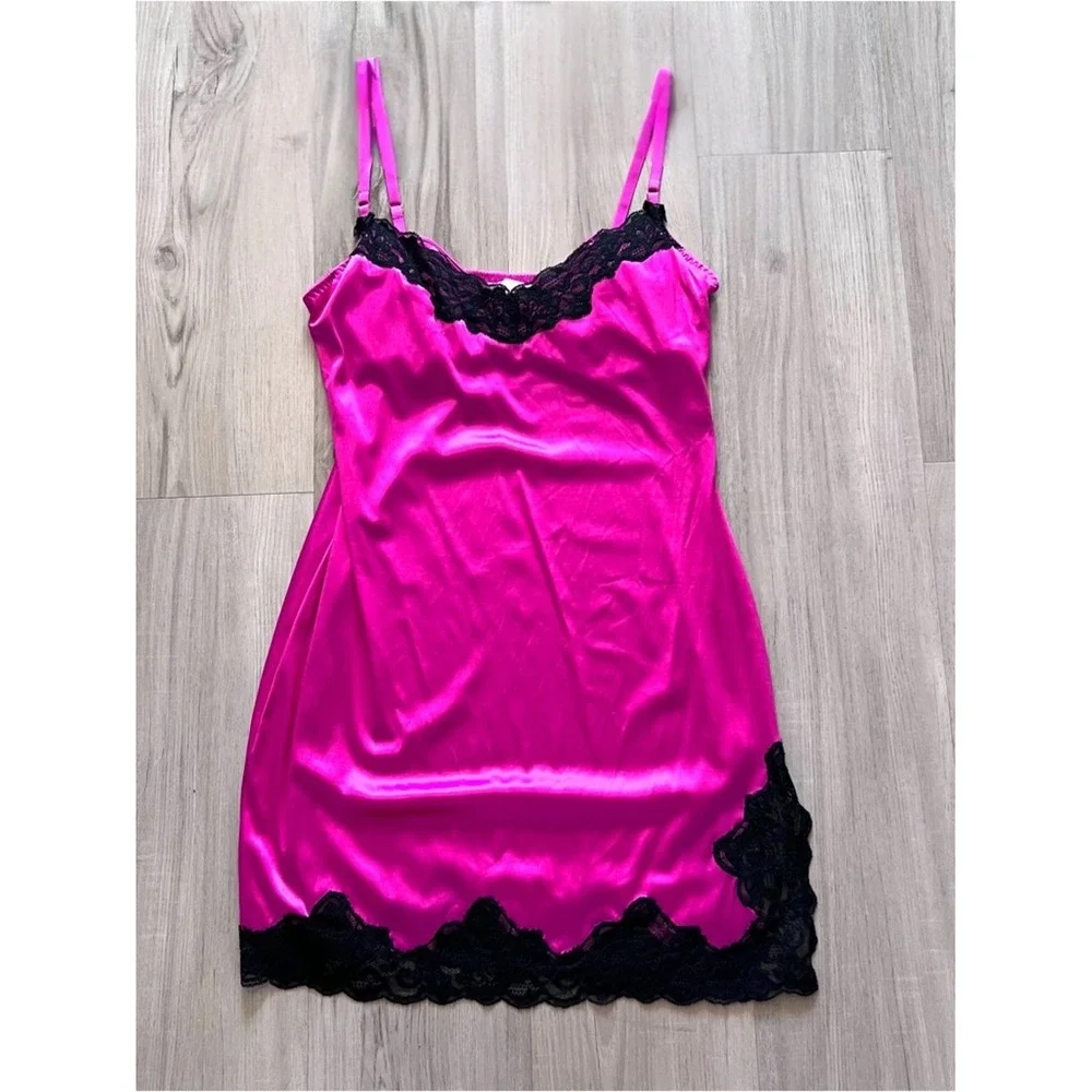 Victoria's Secret Hot Pink stretch Satin Slip Black Lace built in bra 36C vntg - Picture 3 of 15